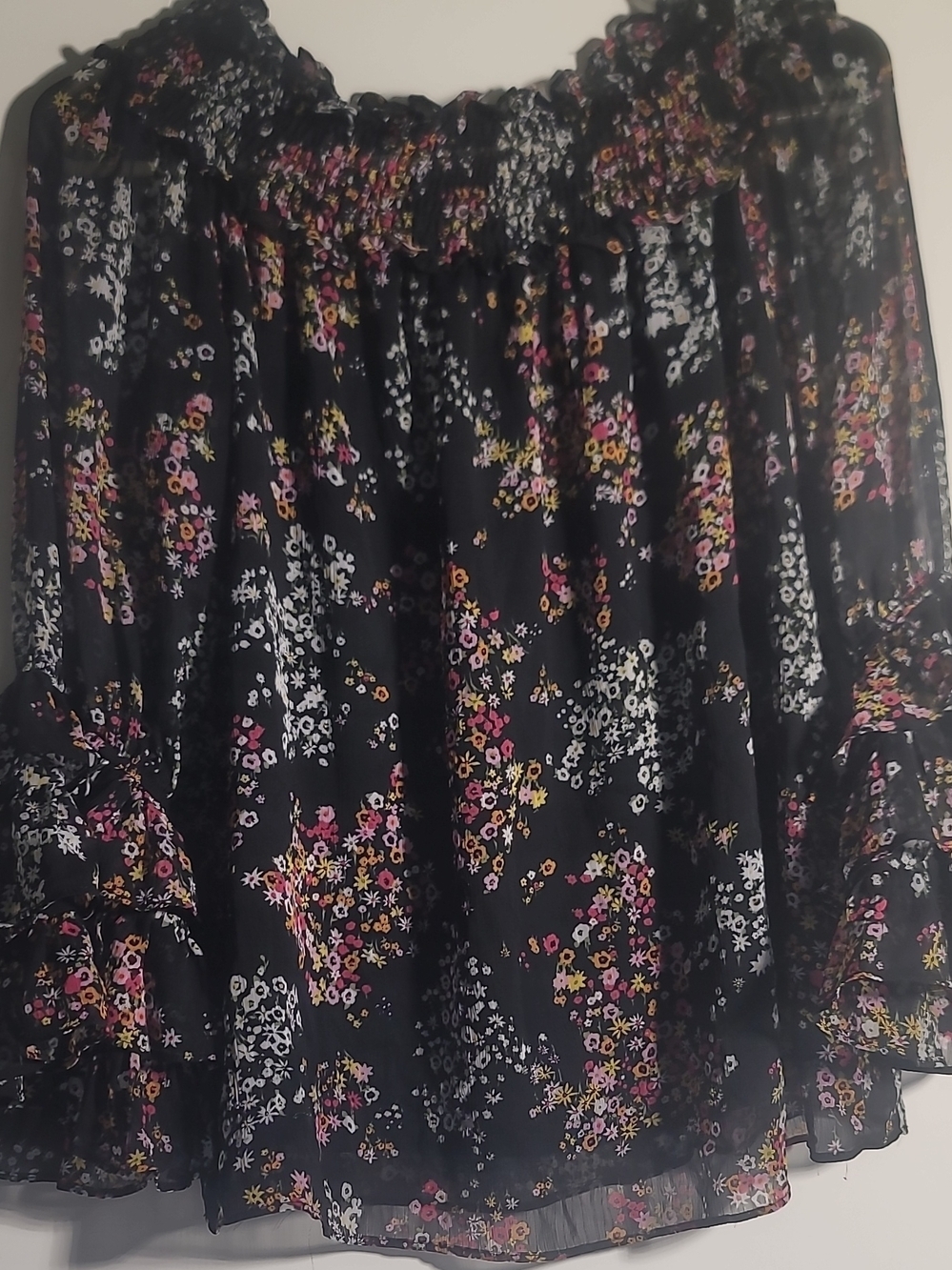 CeCe Black Blouse with Pink Yellow and White Floral Trim